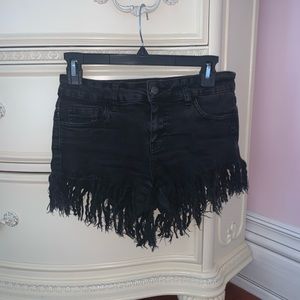 Black denim fringe shorts